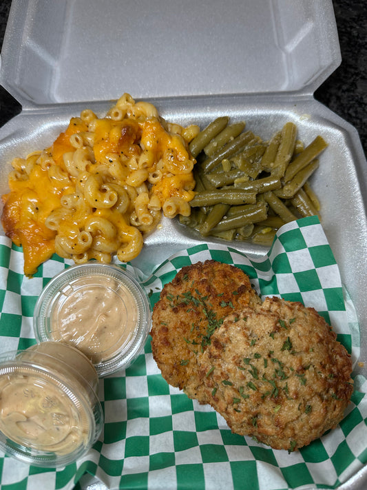 Vegan Crab Cakes, Mac & Cheese, Green Beans
